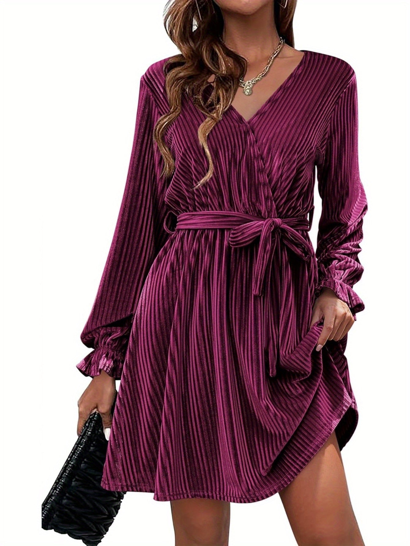 Womens Wedding Guest Dresses V Neck Wrap Dress with Belt Ruffle Lantern Sleeve Velvet Wrap Dresses