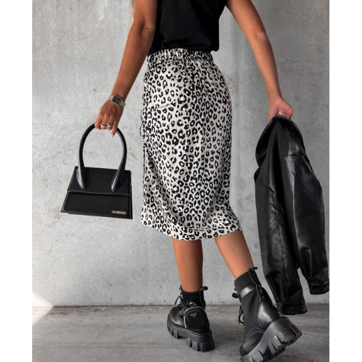 Voguable Midi Skirt Women Leopard Spring Lace Up Slit Bodycon High Waist Drawstring Printed Sexy Skirt Casual Office Female Skirt