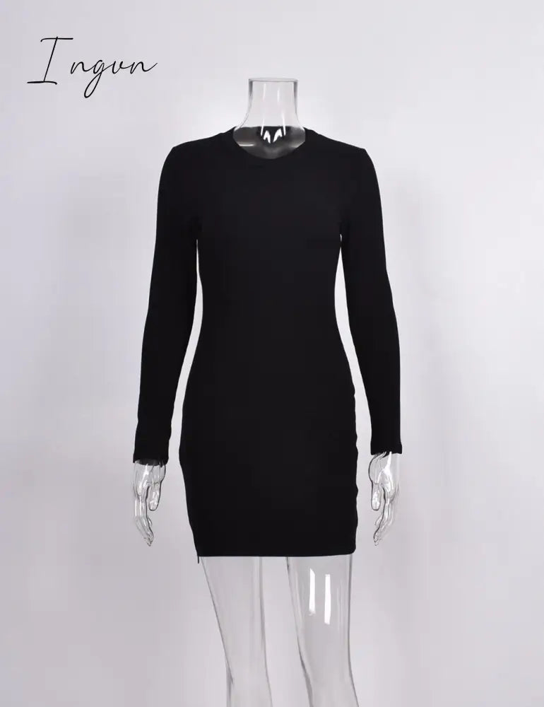 Ingvn - European and American Sexy Women's Black White Collar Long Sleeve Zipper Tight Mini Short Dress