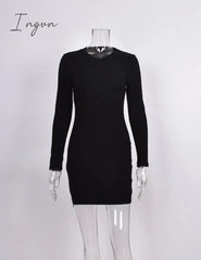 Ingvn - European and American Sexy Women's Black White Collar Long Sleeve Zipper Tight Mini Short Dress