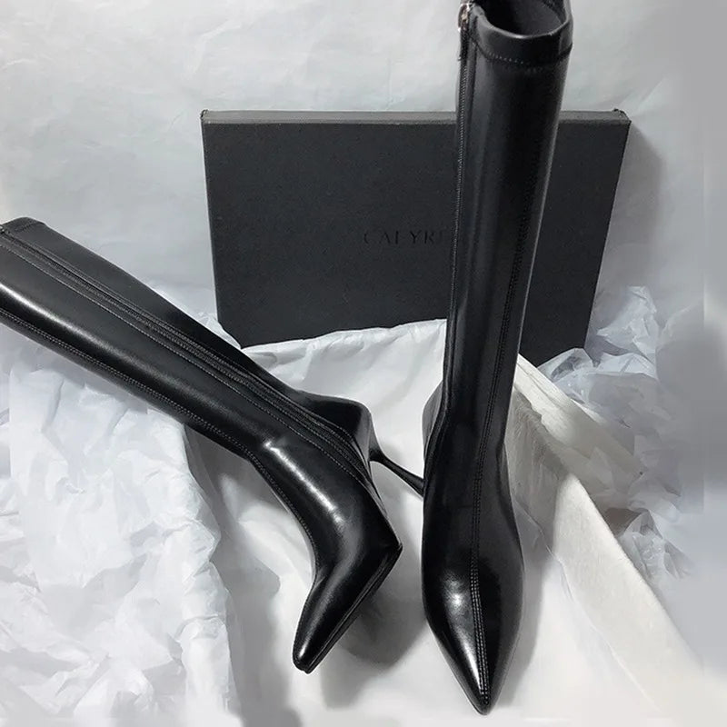 New Style Thin High Heel Women Boots Pointed Toe Women's High Tube Long Boots Zip Boots Mujer Solid Color Sexy Botas Mujer
