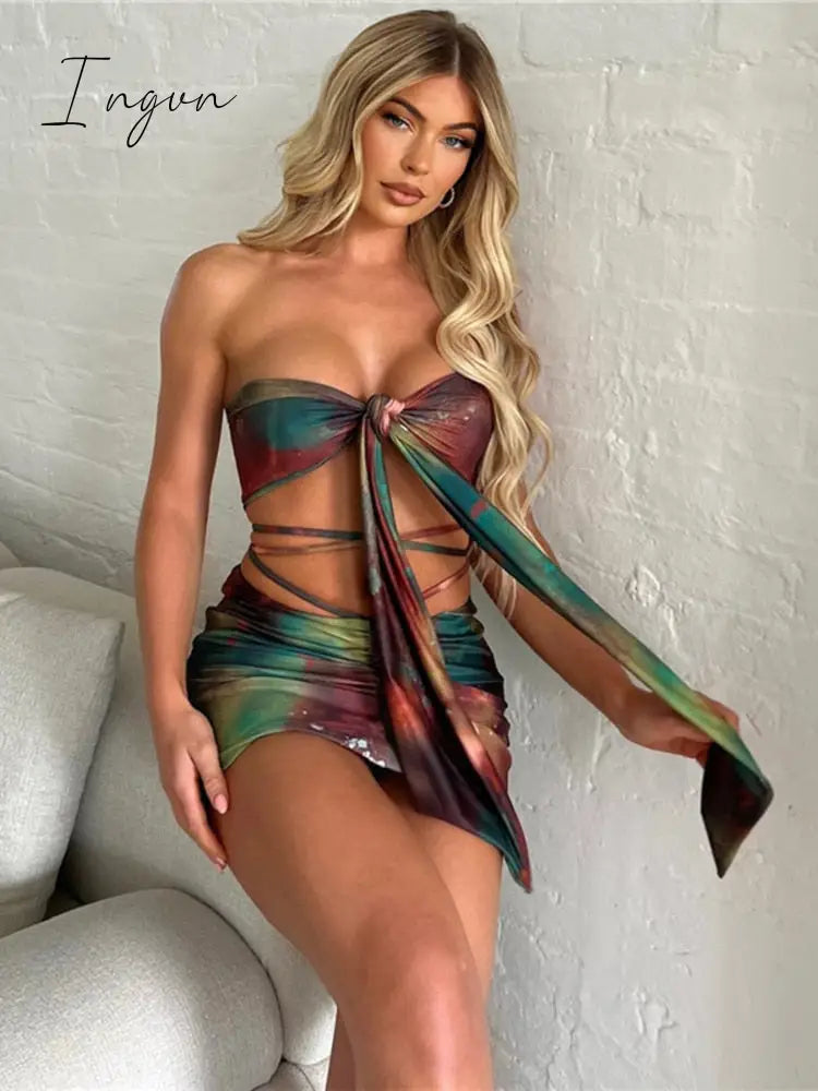 Ingvn - Print Two Piece Set Women Strapless Crop Top And Mini Skirt Set Female Fashion Bandage Sexy Party Skirt Set Clothes