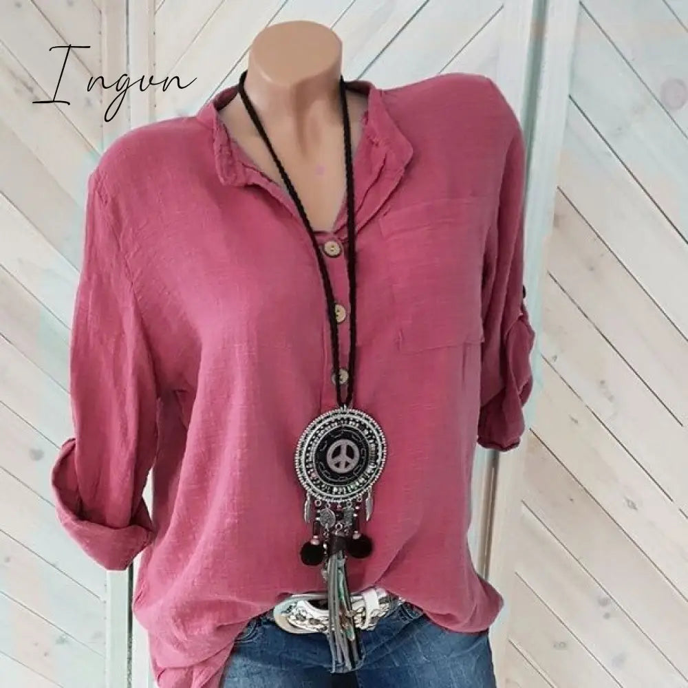 Ingvn - Oversized Women Blouses Cotton Linen Blouse Autumn Shirts Casual Long Sleeve Button V Neck Loose Shirt Lady Tops Plus Size S-5XL