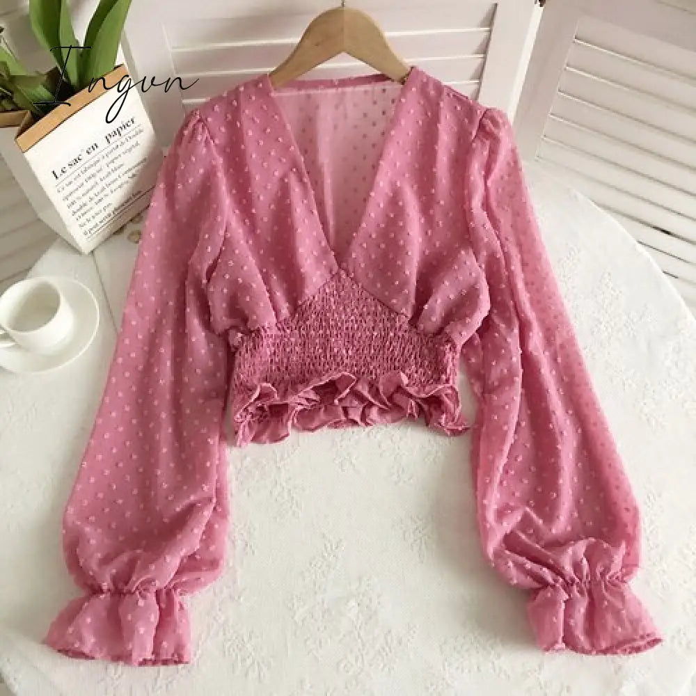 Ingvn - Women Fashion Spring Women Sweet Spot Blouse Ladies Fashion Chiffon Pullover Shirt V-neck Slim Long Puff Sleeve Folds Tunic Short Top