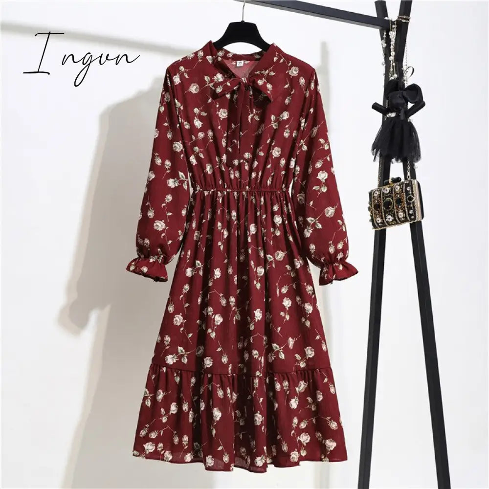 Ingvn - 11 Style Beautiful Fashion Summer Women Long Sleeve Dress Retro Collar Casual High Waist Dresses Floral Print Chiffon Clothing