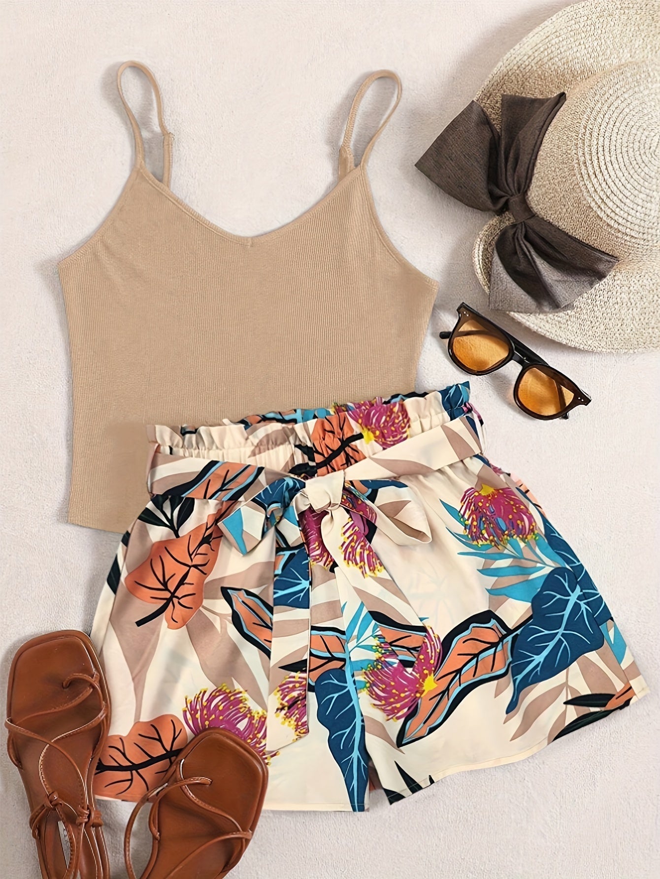 Lightweight Womens Vacation Shorts Outfit Set - Sleeveless V-Neck Cami Top with Vibrant Plants Print & Belted Paperbag Waist Loose Shorts - Effortless Summer Style Two-Piece Ensemble