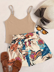 Lightweight Womens Vacation Shorts Outfit Set - Sleeveless V-Neck Cami Top with Vibrant Plants Print & Belted Paperbag Waist Loose Shorts - Effortless Summer Style Two-Piece Ensemble