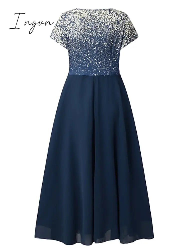 Ingvn - Women‘s A Line Dress Chiffon Dress Midi Dress Navy Blue Short Sleeve Color Gradient Patchwork Spring Summer V Neck Stylish Elegant Party 2023 S M L XL XXL 3XL / Party Dress