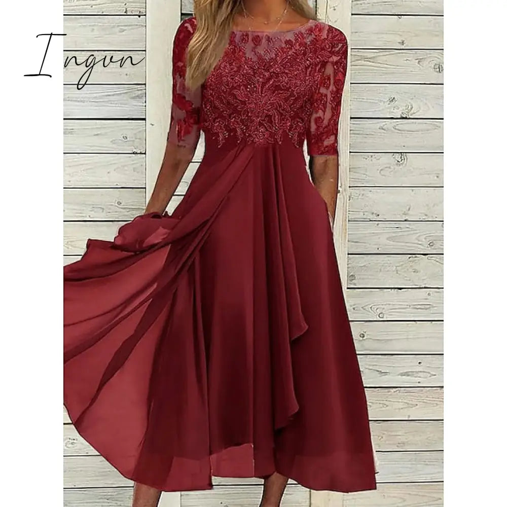 Ingvn - Women‘s Cocktail Party Dress Lace Dress Midi Dress Green Blue Purple Half Sleeve Floral Embroidery Lace Summer Spring Crew Neck Elegant Classic Wedding Guest 2023 S M L XL XXL 3XL