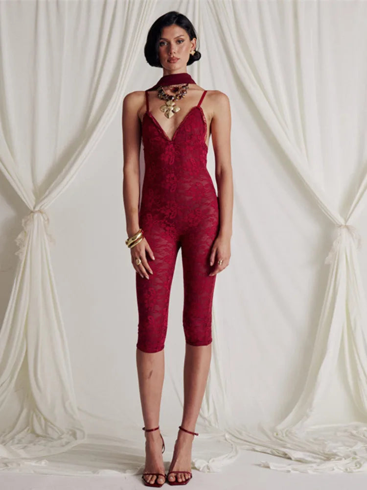 Red Lace Sexy Playsuits Women Rompers Halter Spaghetti Strap V Neck Sleeveless Backless Skinny Club Playsuits New