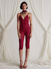 Red Lace Sexy Playsuits Women Rompers Halter Spaghetti Strap V Neck Sleeveless Backless Skinny Club Playsuits New
