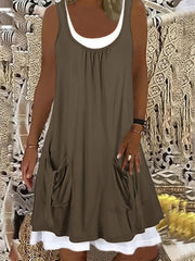 Stylish Colorblock Dual Pocket Tank Dress - Elegant Crew Neck, Micro Elasticity, Machine Washable - Perfect for Spring/Fall, Womens Casual Sleeveless Clothing