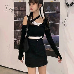 Ingvn - 2023 Shirts for Women Korean Woman Tshirts Chic Fake Two Long Sleeve Off Shoulder Tees Tops Harajuku Black Y2k T-shirt