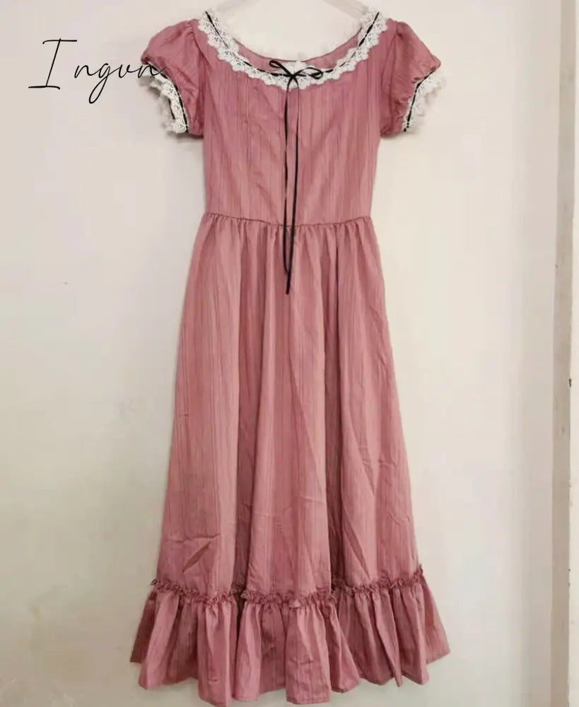 Ingvn - Women Pink Dress Summer Vintage Elegant Slim European Romance Blue Dress Retro Lace Sexy Slash Neck Casual Everyday Midi Dress