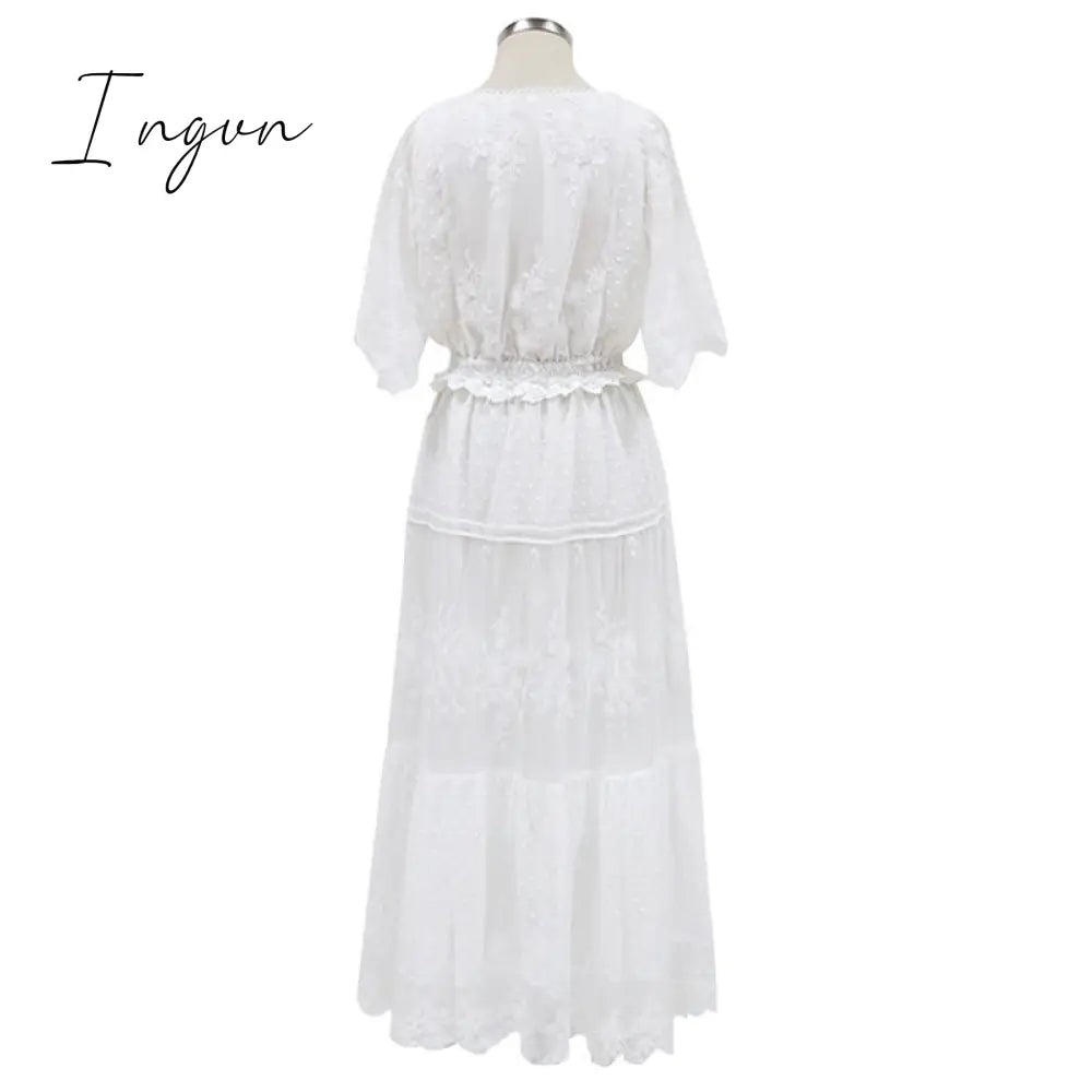 Ingvn - Hollow Out White Dress Sexy Women Long Lace Dress Cross Semi-Sheer Plunge V-Neck Short Sleeve Lace Maxi Dress