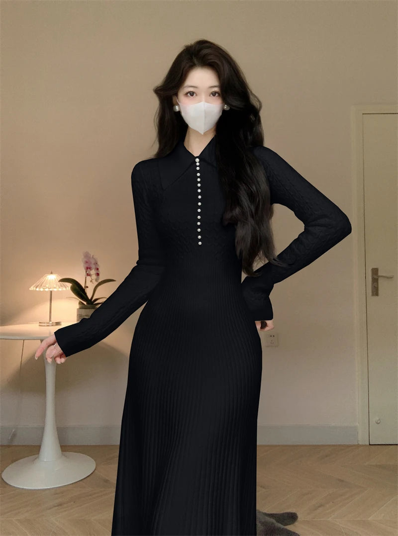 Elegant White Knitted Dresses for Women Autumn Winter Korean Fashion Slim A-line Long Sleeves Sweater Casual Female Clothes