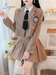 Ingvn - JK Blazer Skirt Set Female Short Suit Jacket + Pleated Skirt Spring Autumn Professional Wear Elegant Goddess Two-piece Set
