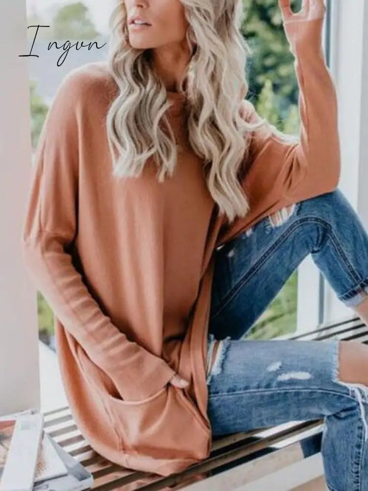 Ingvn - Casual Pockets Long Sleeve Solid Tops