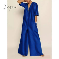 Ingvn - Solid Color Zipper V-neck Half Sleeves Wide Leg Jumpsuits For Women 2023 Summer New Stylish Casual Streetwear Jump Suits