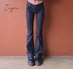 Ingvn - Indie Aesthetics Slim Low Waist Flare Pants E-girl Vintage Pockets Solid Y2K Pants Autumn 90s Fashion Black Trousers