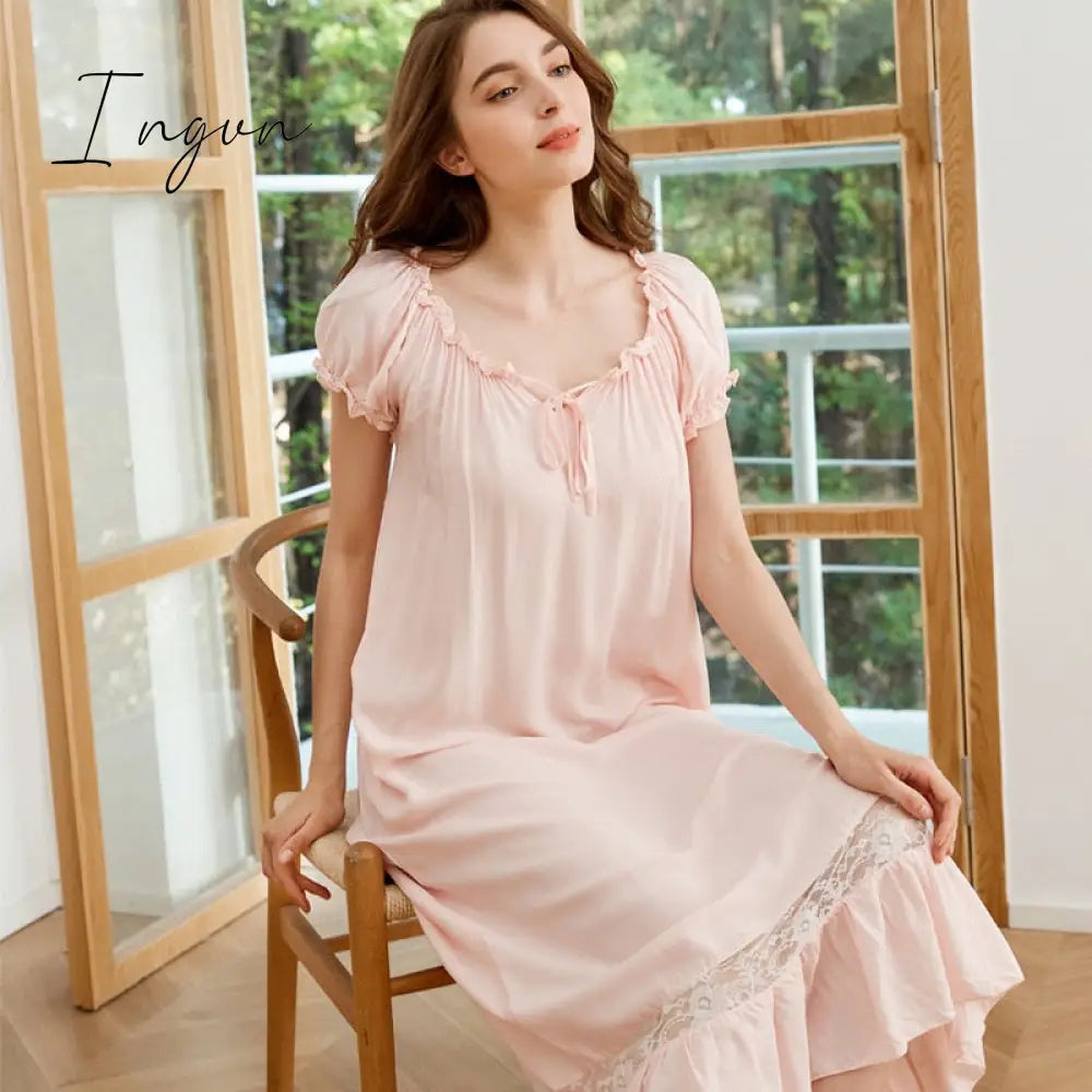 Ingvn - Fashion Trends Summer Women Nightgowns White Cotton Short Sleeve Nightdress Vintage Long Sleepwear Lace Sexy Nightwear Home Night Dress