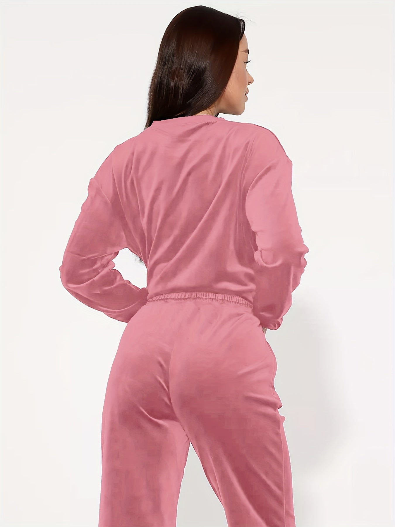Plus Size 2 Piece Set Women's Elegant Lounge Set, Solid Warm Velvet Long Sleeve Top & Pants for Fall & Winter Home Wear