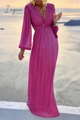 Ingvn - Fashion Elegant Solid Patchwork Fold V Neck Evening Dress Dresses(4 Colors)