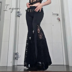 Ingvn - Goth Mall Flare Pants Sexy Black Lace Patchwork High Waist Vintage Harajuku Hippie Punk Grunge Streetwear  Y2k Pants