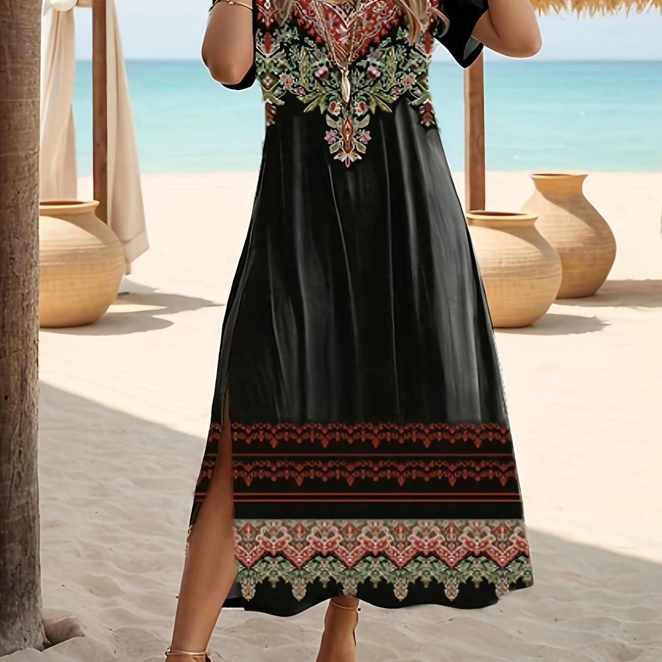 Plus Size Floral Print Vacation Dress with Stylish Slit - Lightweight Short Sleeve for Spring & Summer Getaways - Trendy Womens Plus Size Clothing
