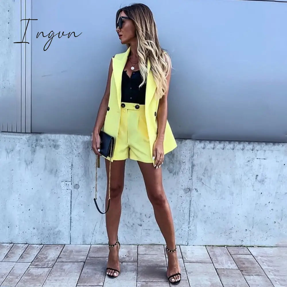 Ingvn - Women Sleeveless plaid button up elastic waist Blazer Top and pocket short Set Elegant Office Ladies Suits Women Workwear