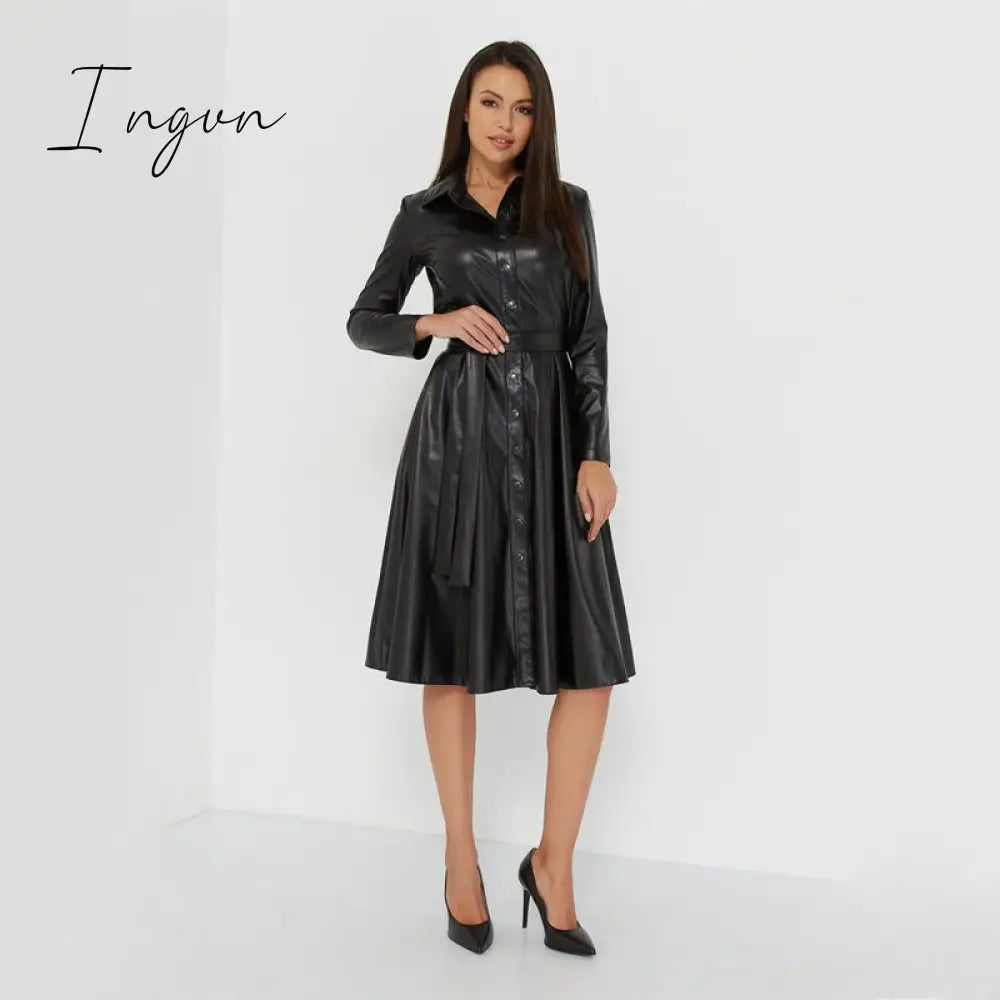 Ingvn - Winter Casual Sashes Pu Leather A-Line Dresses Women Turn-down Collar Long Sleeve Solid Color Knee Dress Office Lady Wear