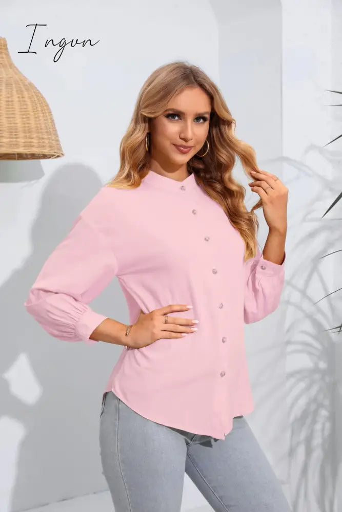 Ingvn - Mock Neck Buttoned Long Sleeve Shirt