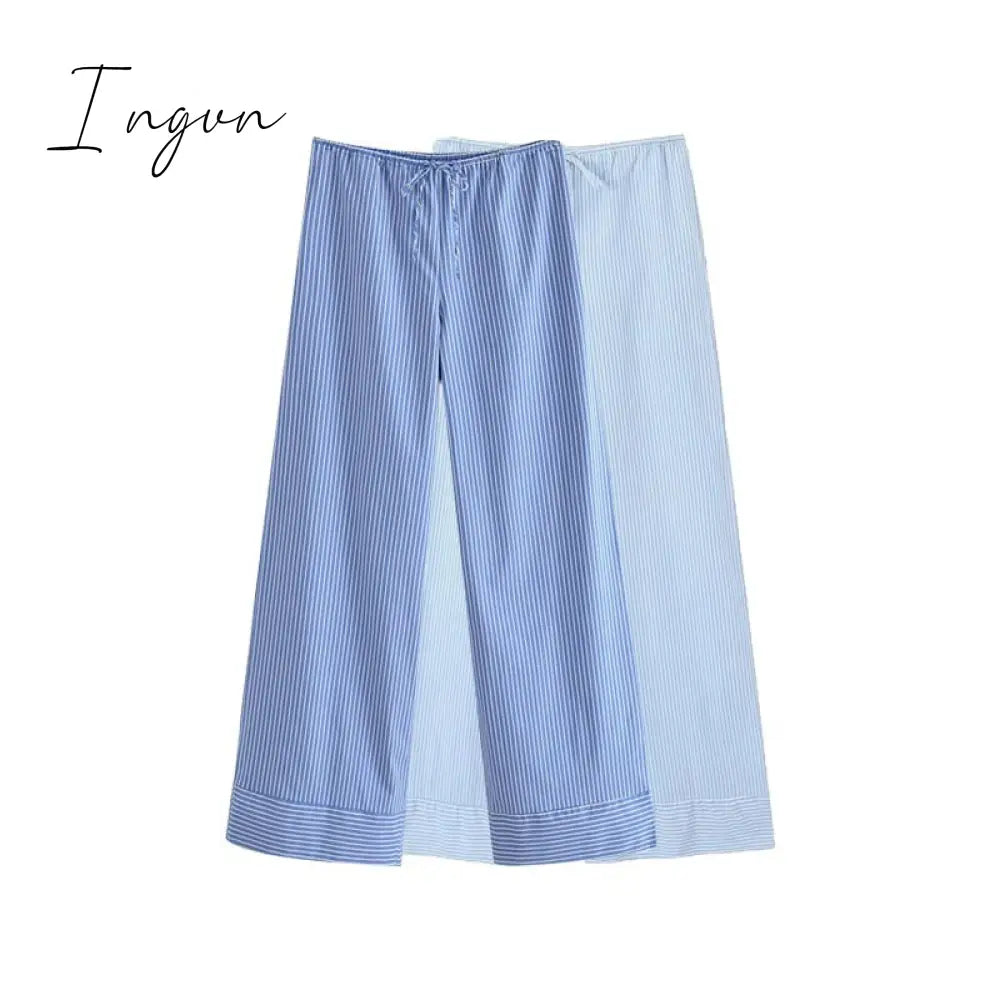 Ingvn - Fashion Striped Women's Pants 2023 Summer Wide Leg Pants Women Casual Loose Trousers Ladies Low Waist Lace Up Pant New In