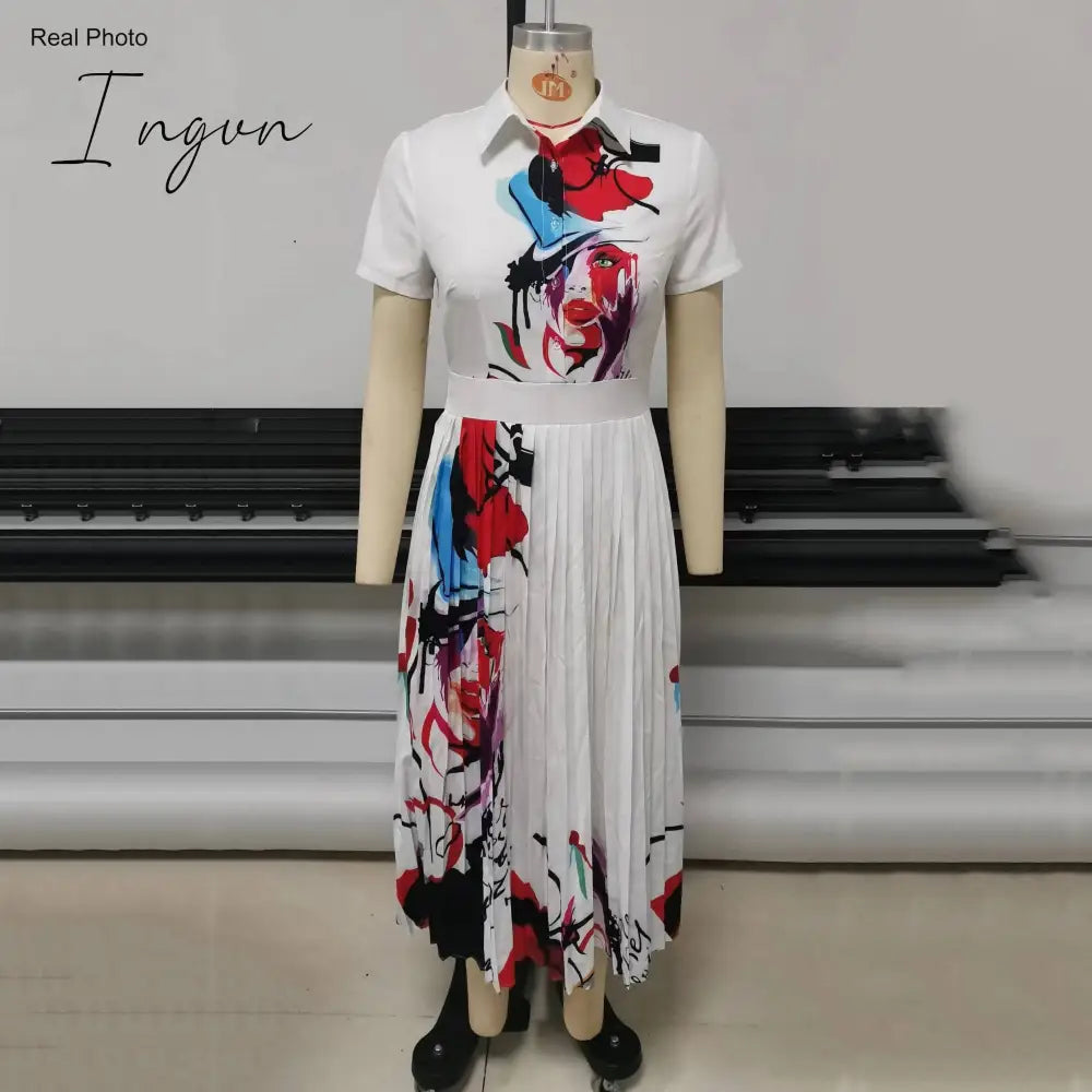 Ingvn - White Pleated Dresses for Women's Elegant Printed High Waisted Long Sleeve Autumn Fall New Evening Night Party Vestidos Hot