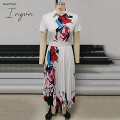 Ingvn - White Pleated Dresses for Women's Elegant Printed High Waisted Long Sleeve Autumn Fall New Evening Night Party Vestidos Hot