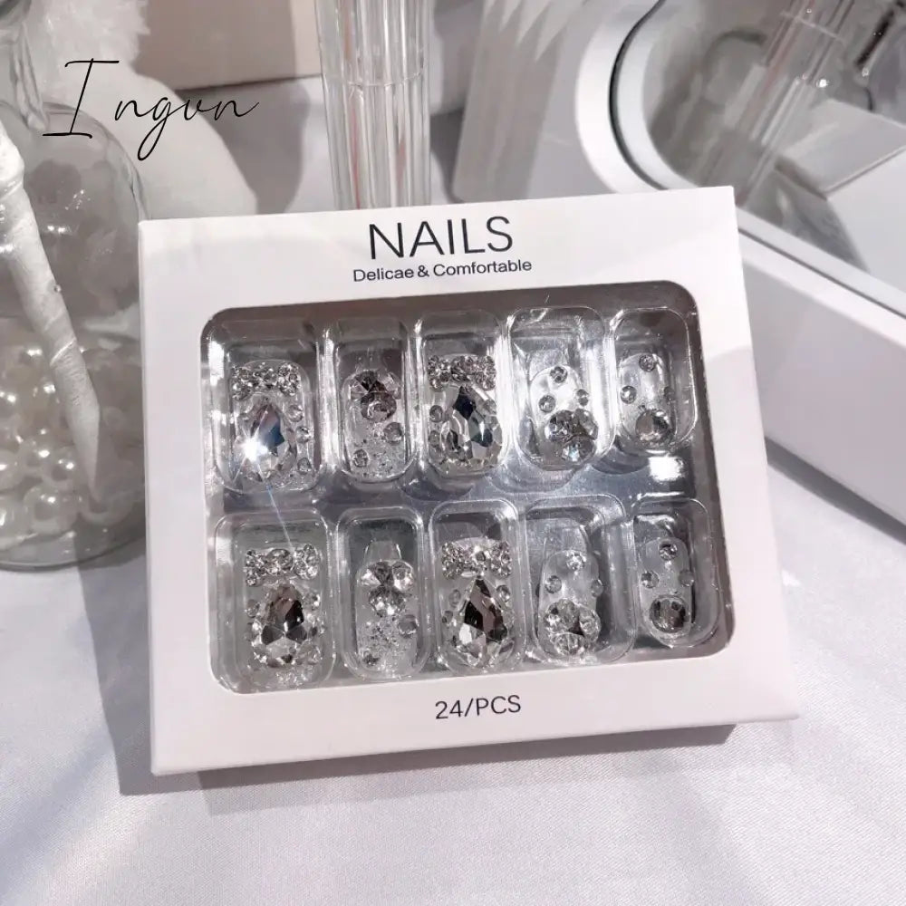 Handmade Press on Nails Long Ballet Blue Fake Nails with 3D Snowflake Moon Rhinestone Design False Nails Full Cover Nail Tips