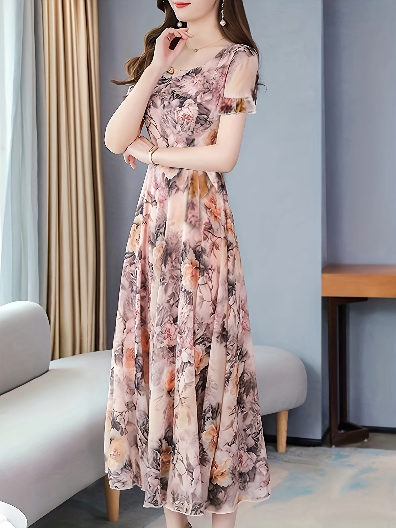 Vibrant Floral Print Crew Neck Dress - Elegant Short Sleeve, Comfortable, Breathable, Spring & Summer Essential - Women's Clothing for Chic, Elegant Dressing, Perfect for Outdoor Activities