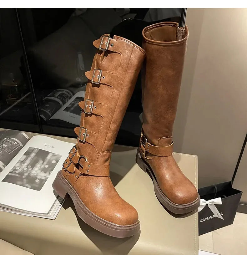 Woman Boots Knee High Platform Elegant Low Heel Trend Punk Gothic New Pu Leather Fashion Women's Shoes Motorcycle Botas Footwear