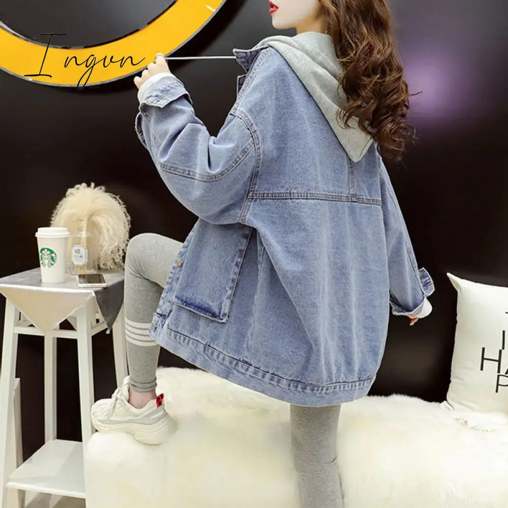 Ingvn - Streetwear Black Denim Jackets Women Korean Fashion Patchwork Hooded Spring Jacket Casual Chaquetas Veste En Jeans Pour Femme