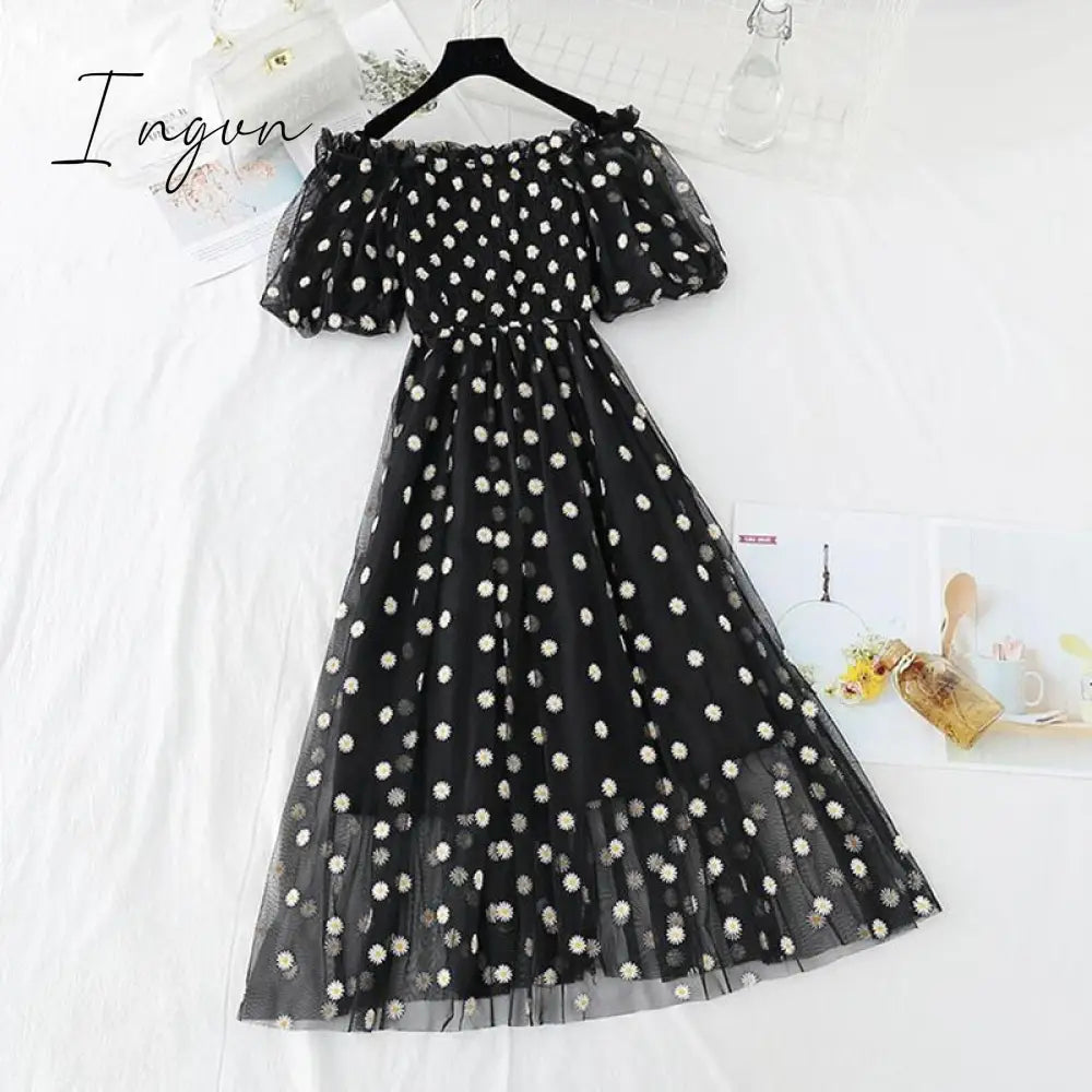 Ingvn - small daisies embroidery mesh dresses women sexy off the shoulder french vintage party ruffle dresses elegant vestidos
