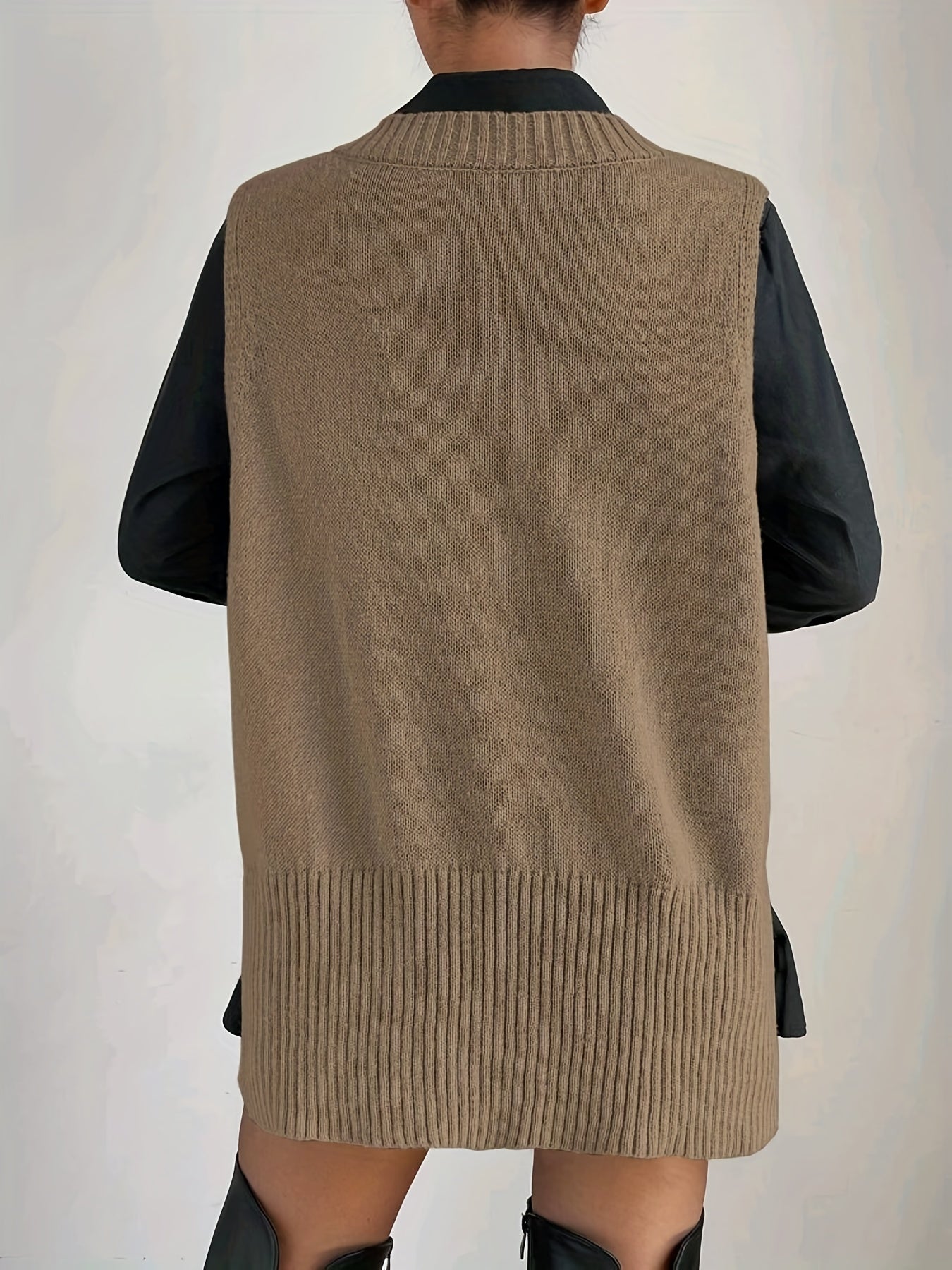 Plus Size Women's Solid V Neck Casual Sweater Vest - High Low Hem, Slight Stretch, Knit Fabric, Comfortable Fit