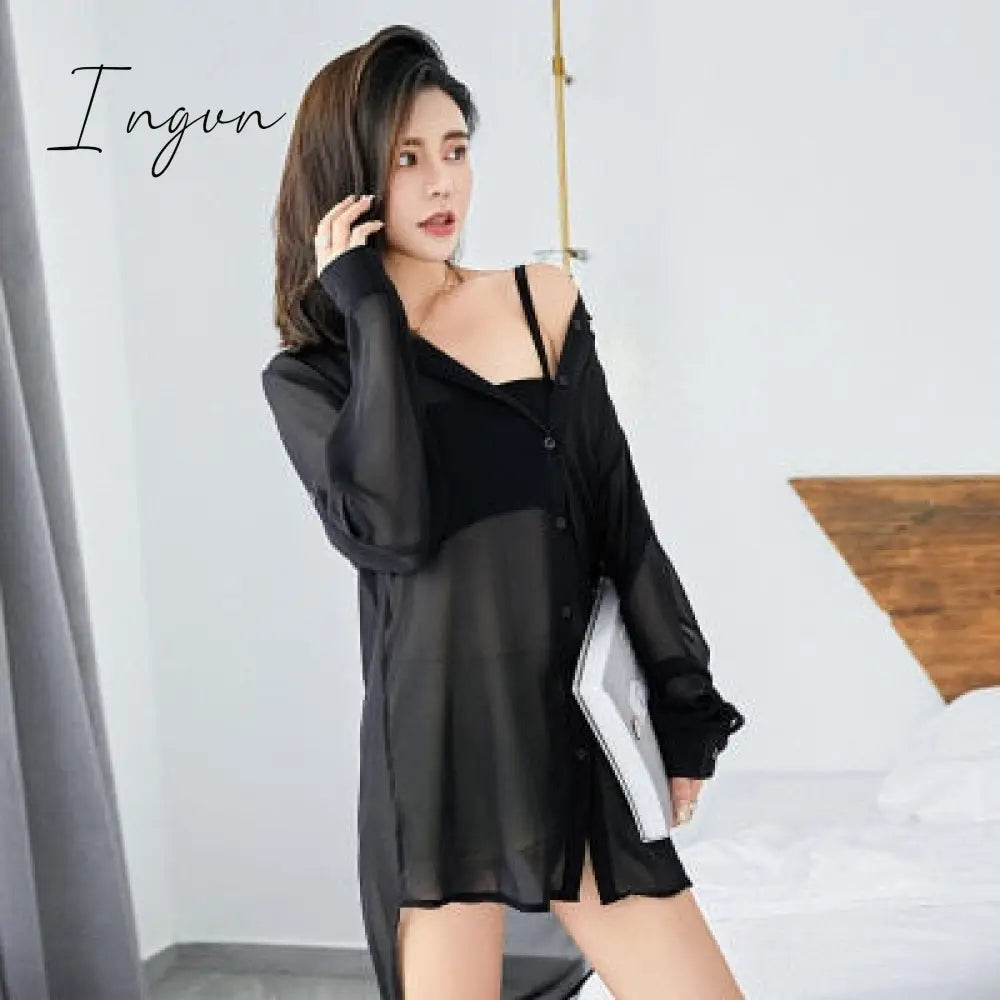 Ingvn - S-5XL Sexy Lingerie Blouse Women Home Boyfriend Style White Button Shirt