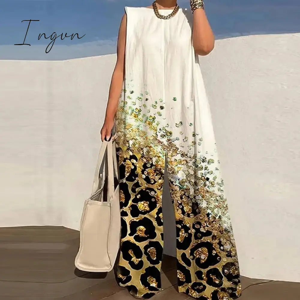 Ingvn - Summer Women Casual O-Neck Sleeveless Tank Playsuits Fashion Pattern Print Wide Leg Jumpsuit Office Lady Loose One Piece Rompers