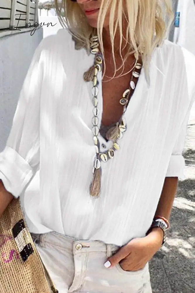 Ingvn -  Casual V Neck Button Blouse Tops