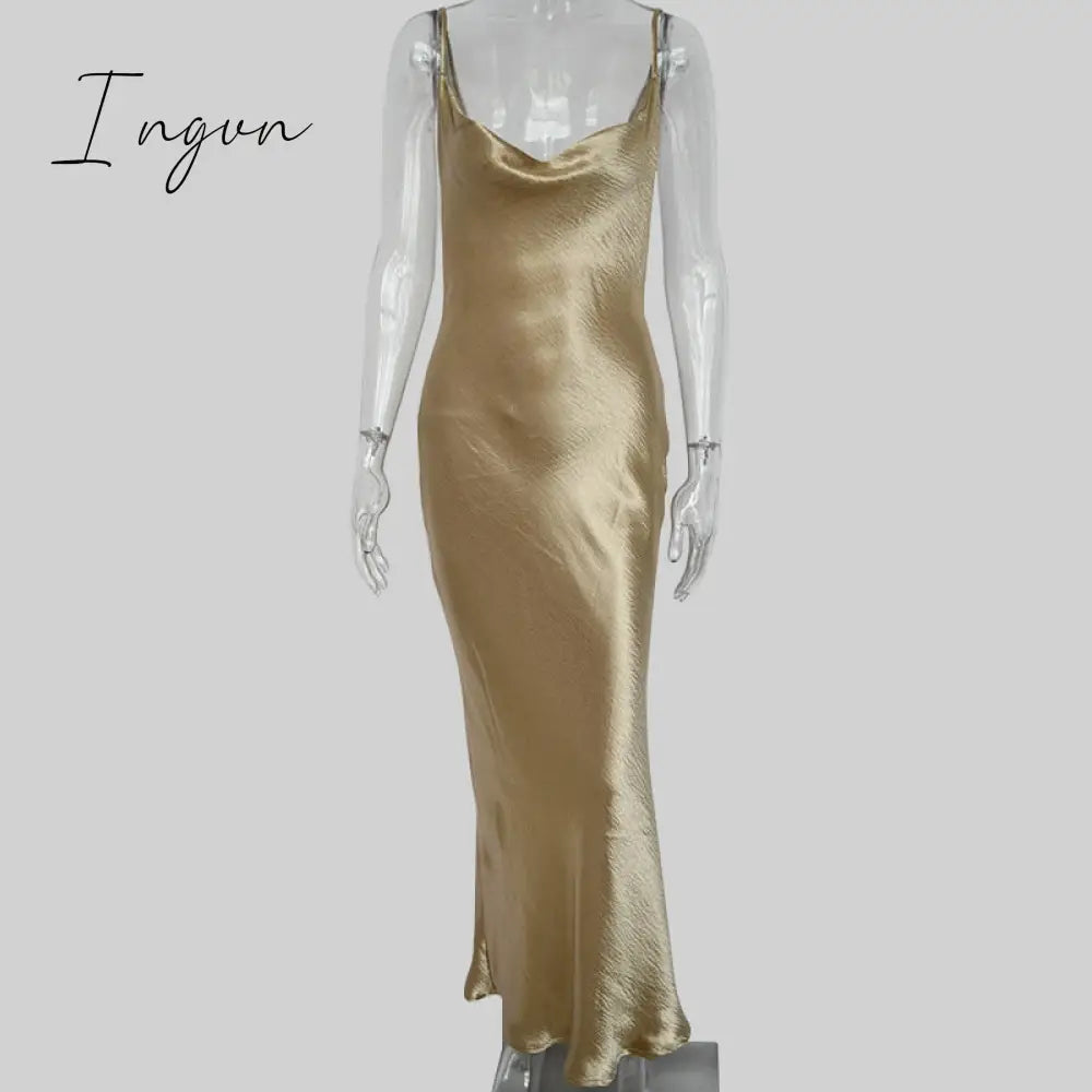 Ingvn - Summer Dresses For Women Sexy Spaghetti Strap Backless Summer Dress Women Satin Lace Up Trumpet Long Dress Elegant Bodycon Party Dresses