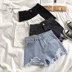 Ingvn - Casual High Waist Denim Shorts Women Summer  Pocket Tassel Hole Ripped jeans Short Female Femme Short Pants Women