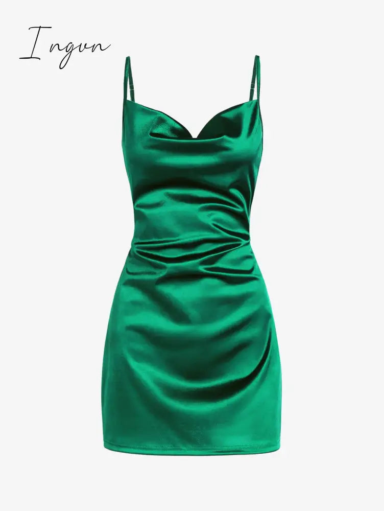 Ingvn - Women's Sexy Satin Dress Spaghetti Strap Slips Nightwear Side Slit Cocktail Party Silk Mini Dresses