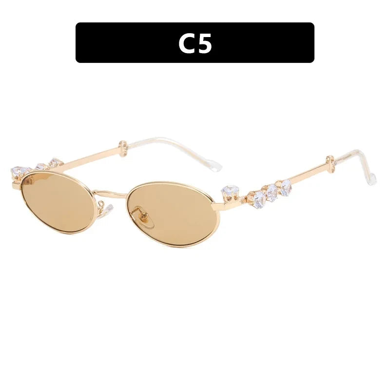 INGVN  Metal Oval Shades Women Men Rhinestone Diamonds Sunglasses 2024 Unisex Bling Eyeglasses Frames  Uv400 Fashion Eyewear Glasses