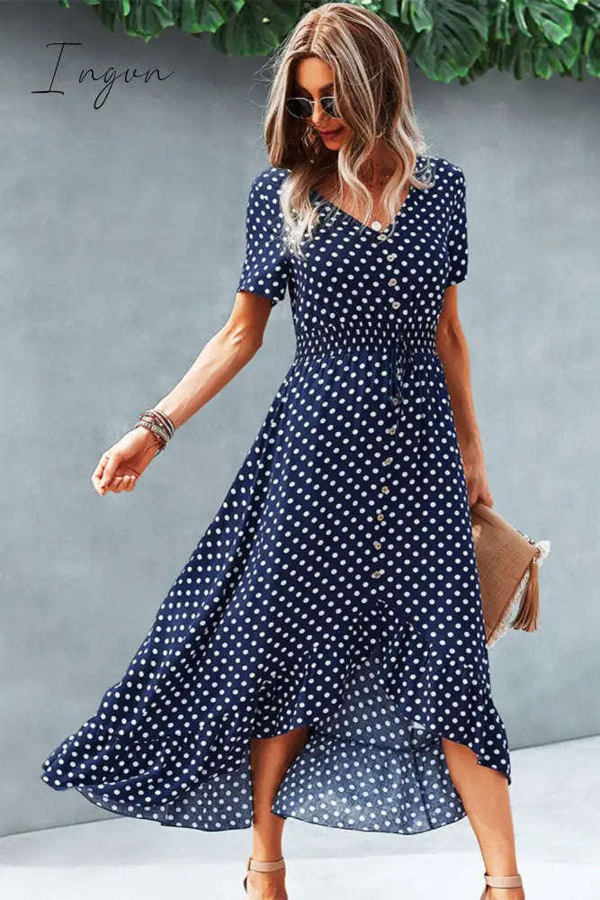 Ingvn - Polka Dot Ruffle Hem V-Neck Short Sleeve Midi Dress