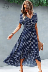 Ingvn - Polka Dot Ruffle Hem V-Neck Short Sleeve Midi Dress